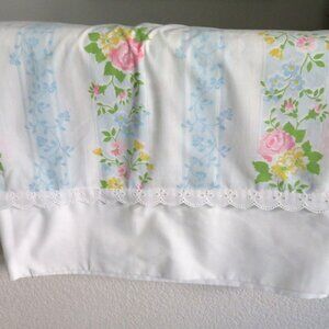 Vintage Twin Flat Sheet Blue Floral Stripes Eyelet Lace USA Made Cottage Country